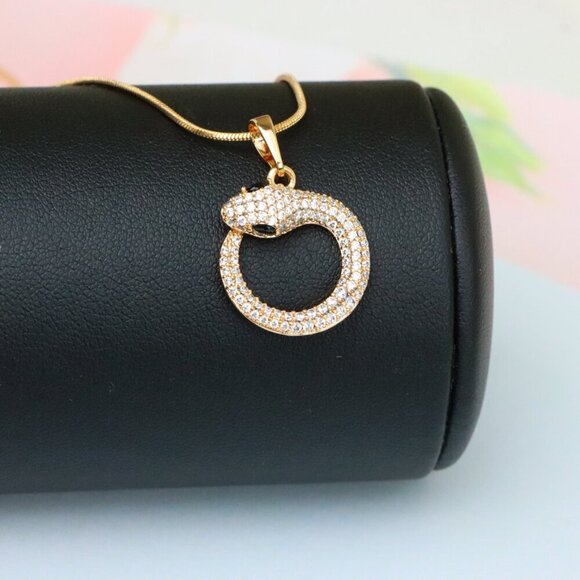 "Rose Gold Snake Circle Pendant with Sparkling CZ and Black Eyes, XPPT1529 - Picture 4 of 13